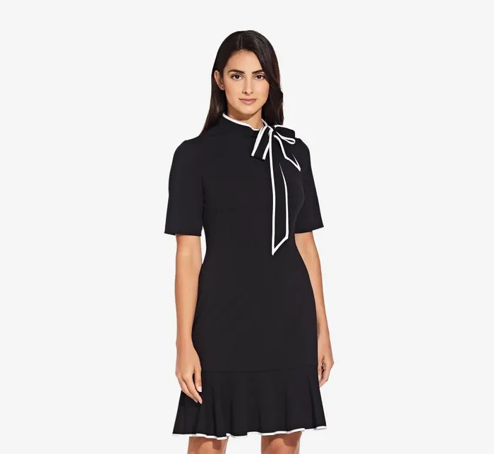 Short Dresses Womens Adrianna Papell Mock Neck Dress With Contrasting Bowtie In Black Ivory