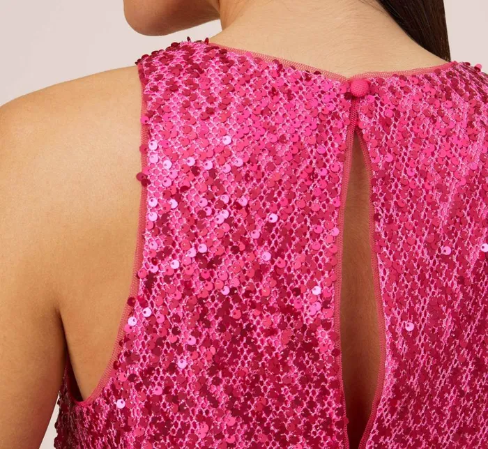 Short Dresses Womens Adrianna Papell Sequined Trapeze Halter Dress With Feather Trim In Hot Pink