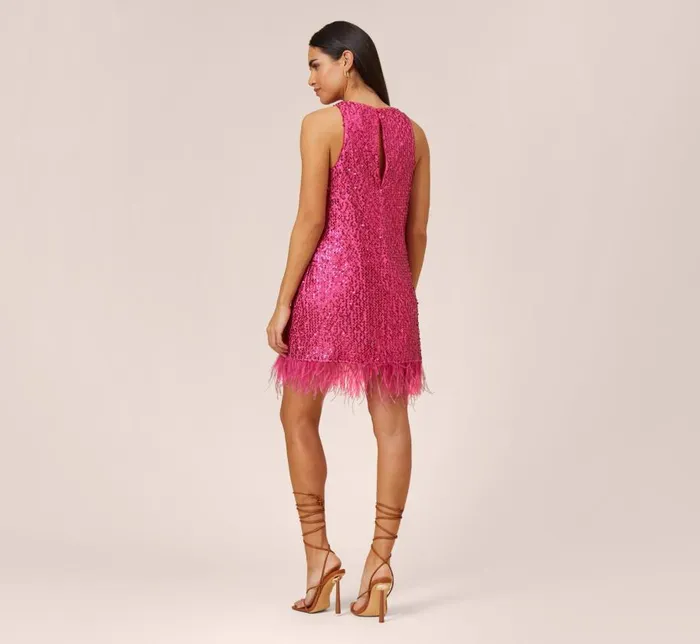 Short Dresses Womens Adrianna Papell Sequined Trapeze Halter Dress With Feather Trim In Hot Pink