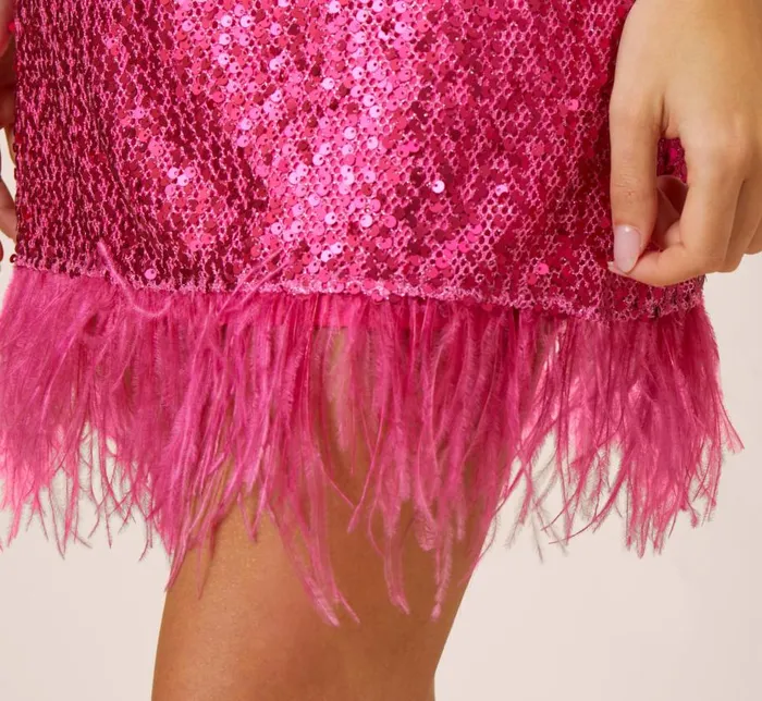 Short Dresses Womens Adrianna Papell Sequined Trapeze Halter Dress With Feather Trim In Hot Pink