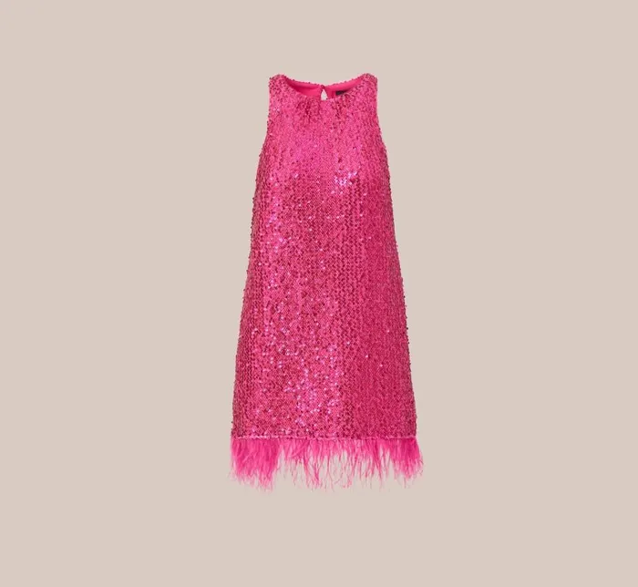 Short Dresses Womens Adrianna Papell Sequined Trapeze Halter Dress With Feather Trim In Hot Pink