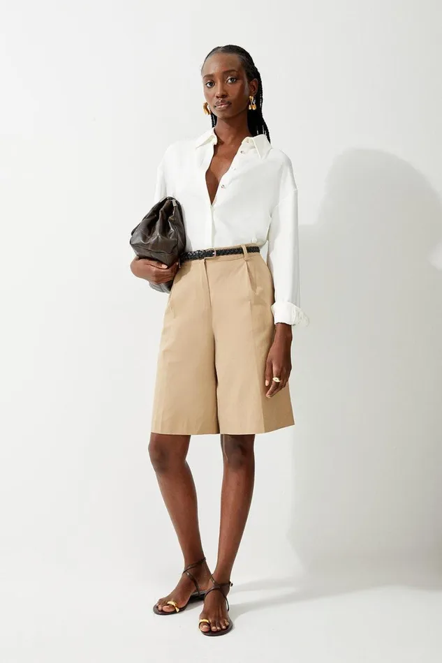 Shorts Women Karen Millen Tencel Pleated Tailored Shorts Tan