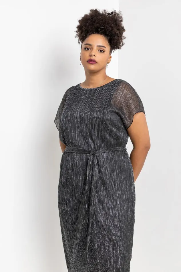 Silver Curve Metallic Plisse Midi Dress Women Roman Dresses