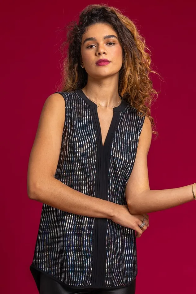 Silver Pintuck Detail Sequin Shimmer Top Women Roman Tops