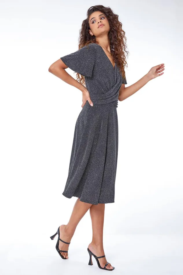 Silver Shimmer Ruched Skater Stretch Dress Women Roman Dresses