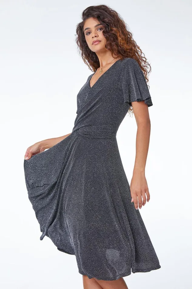Silver Shimmer Ruched Skater Stretch Dress Women Roman Dresses