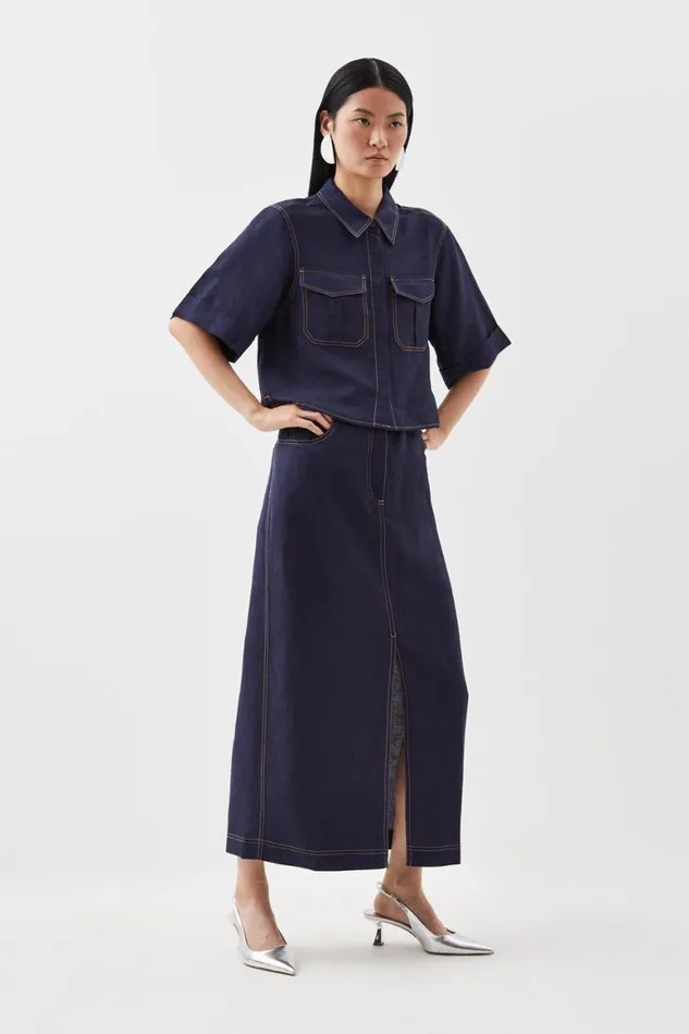 Skirts Women Karen Millen Indigo Topstitch Viscose Linen Split Front Skirt Navy