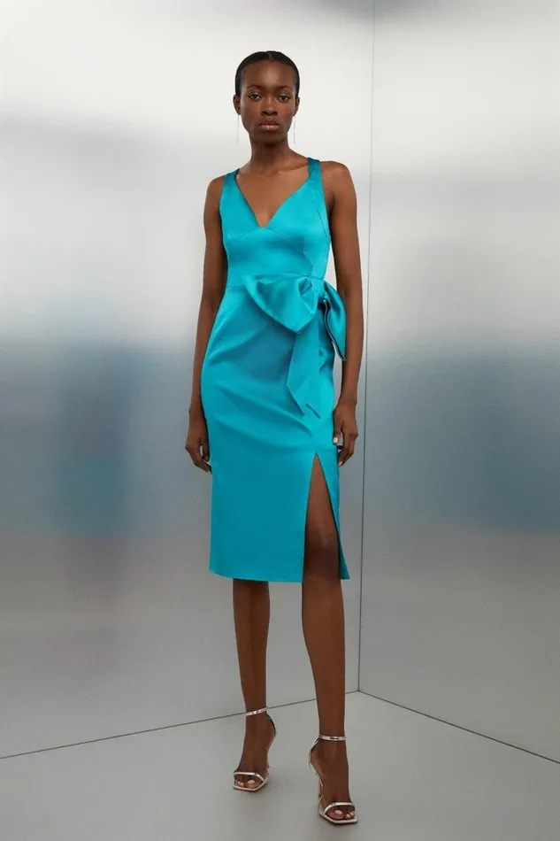 Skirts Women Karen Millen Italian Satin Bow Detail Cross Back Midi Dress Blue