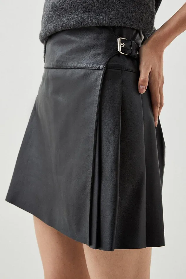 Skirts Women Karen Millen Leather Pleated Kilt Mini Skirt Black