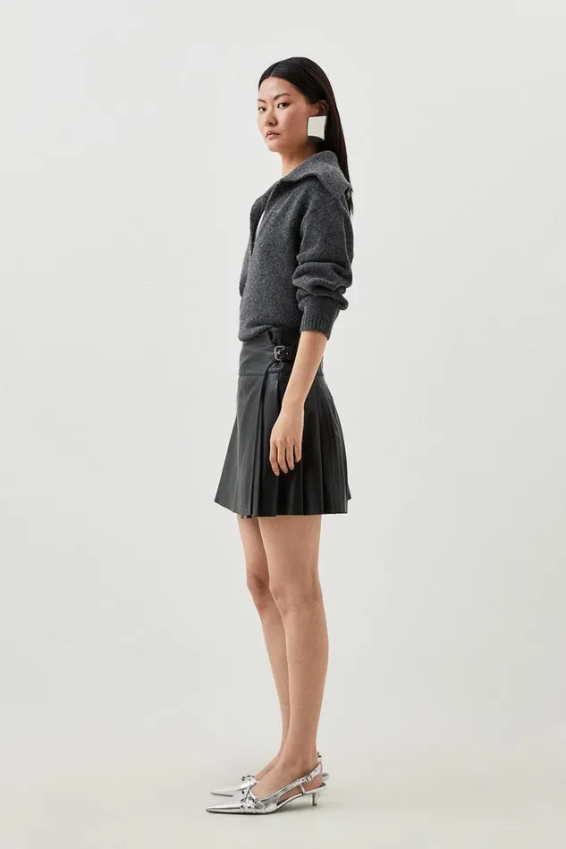 Skirts Women Karen Millen Leather Pleated Kilt Mini Skirt Black