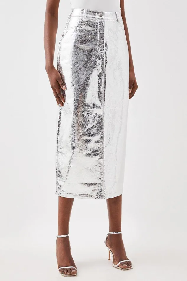 Skirts Women Karen Millen Petite Metallic Faux Leather Midi Skirt Silver