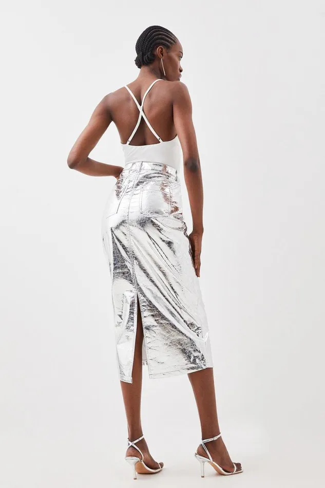 Skirts Women Karen Millen Petite Metallic Faux Leather Midi Skirt Silver