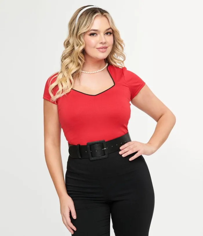 Steady 1950s Red and Black Piped Sophia Top ClothingPlus Unique Vintage Blouses