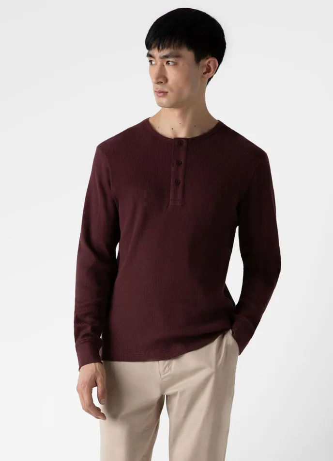 SUNSPEL Tshirts Long Sleeve Waffle Henley Maroon 8211 Men