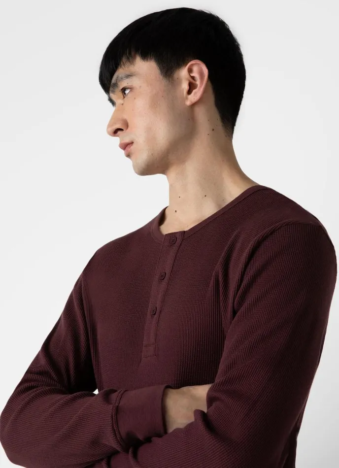 SUNSPEL Tshirts Long Sleeve Waffle Henley Maroon 8211 Men
