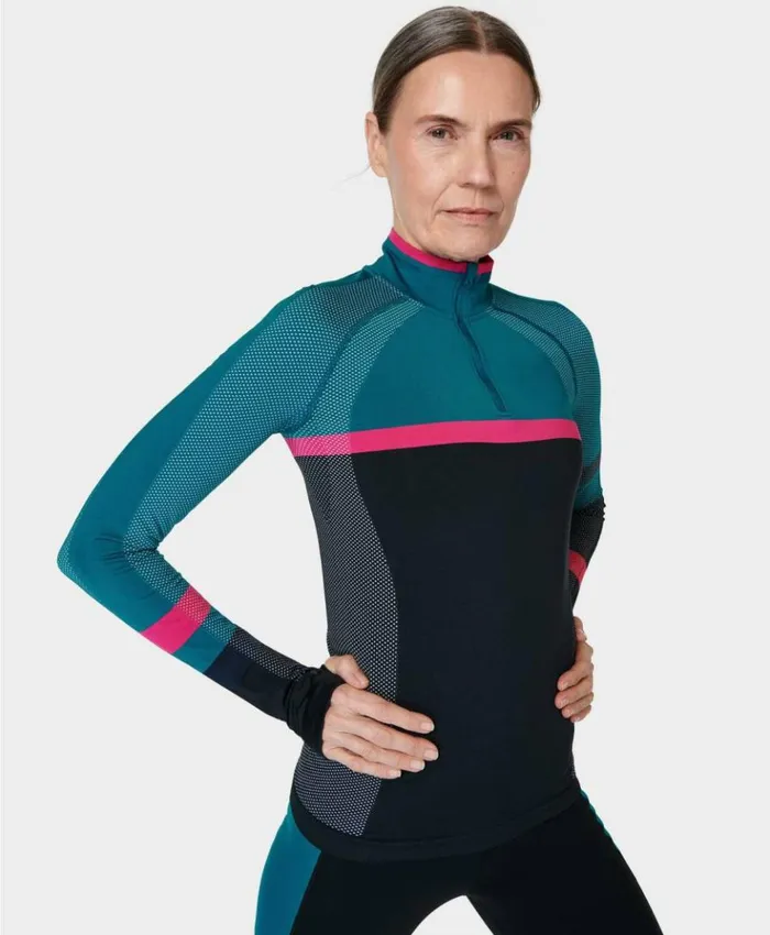 Sweaty Betty Athlete Seamless Color Block Half Zip Long Sleeve Top Black Beetpink Reefteal Clothing Long Sleeve Tops