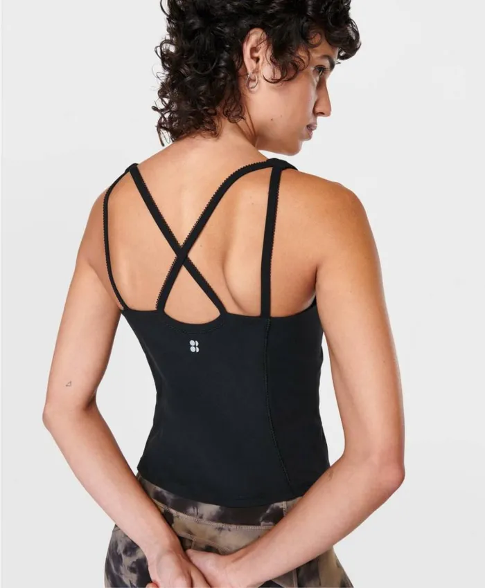 Sweaty Betty Super Soft Picot Lace Strappy Bra Tank Black Clothing Tank Tops