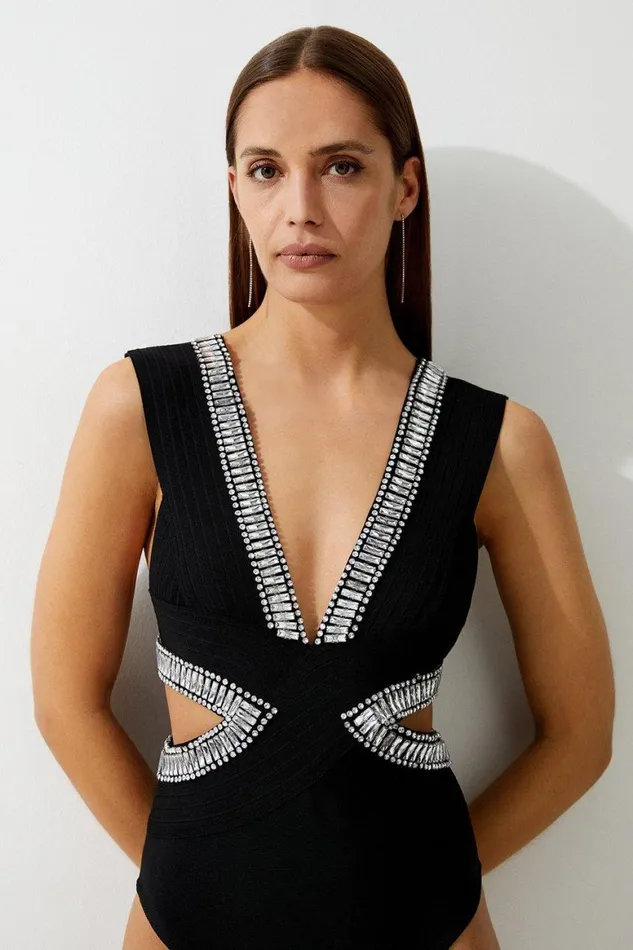 Swimwear Women Karen Millen Bandage Embellished Trim Cut Out Swimsuit Black