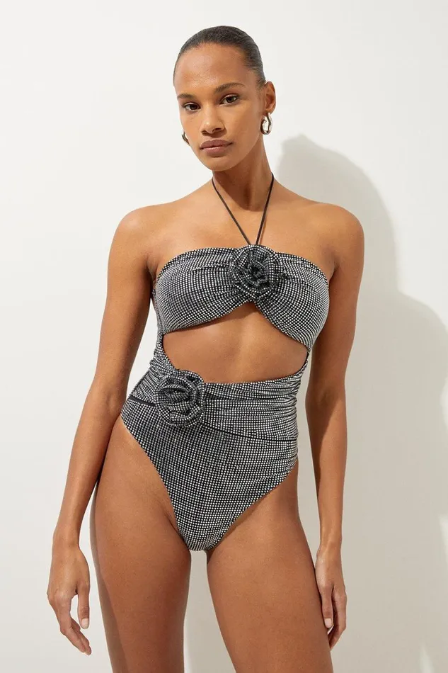 Swimwear Women Karen Millen Premium Embellished Rosette Bandeau Swimsuit Black Swimwear Women Karen Millen Premium Embellished Rosette Bandeau Swimsuit Black