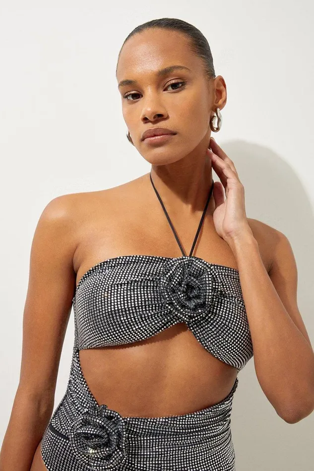 Swimwear Women Karen Millen Premium Embellished Rosette Bandeau Swimsuit Black