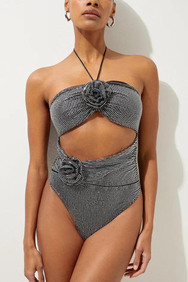 Swimwear Women Karen Millen Premium Embellished Rosette Bandeau Swimsuit Black