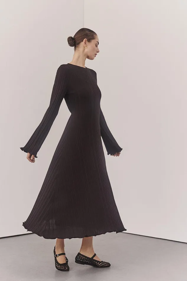 SYLVIA BITTER CHOC KNIT MIDI DRESS Women DISSH Long Sleeve Dresses