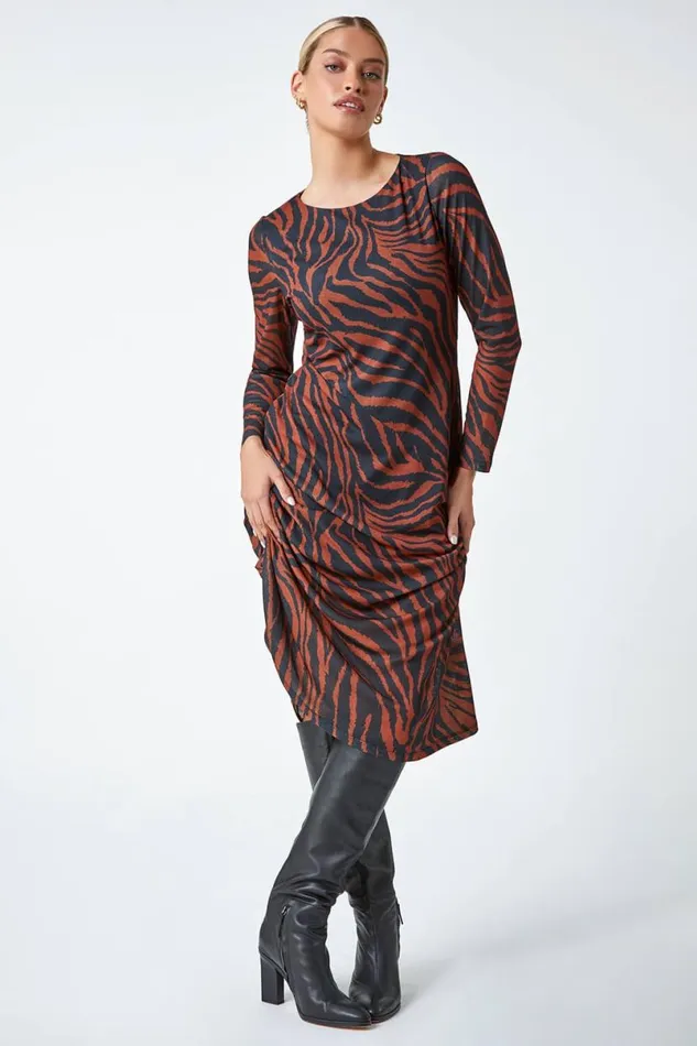 Tan Tiger Print Mesh Midi Stretch Dress Women Roman Dresses