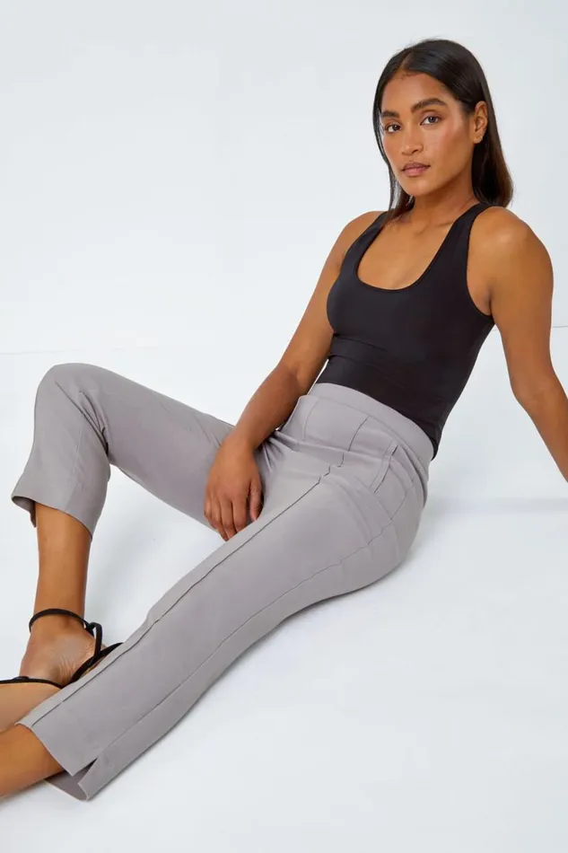 Taupe Seam Detail Elastic Waist Cropped Trousers Women Roman Trousers