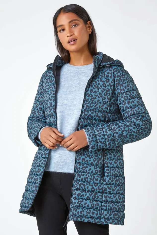 Teal Animal Print Lightweight Padded Coat Women Roman Coats