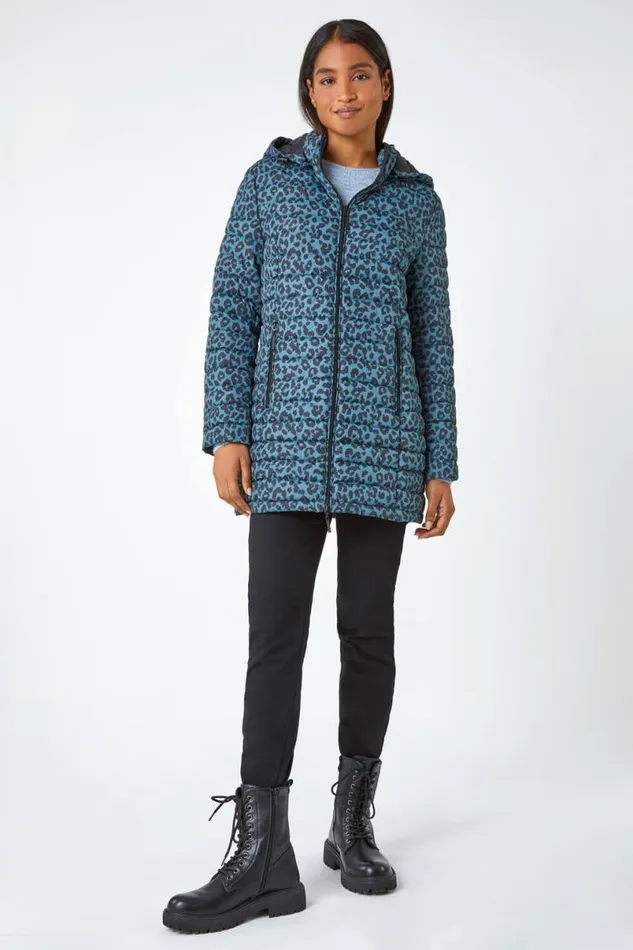 Teal Animal Print Lightweight Padded Coat Women Roman Coats