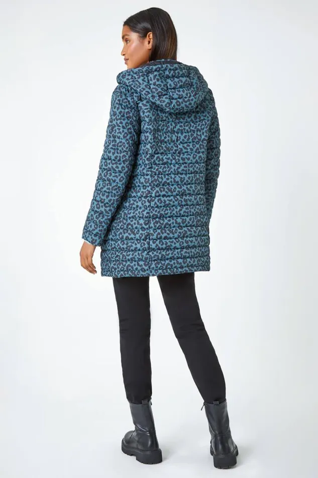 Teal Animal Print Lightweight Padded Coat Women Roman Coats