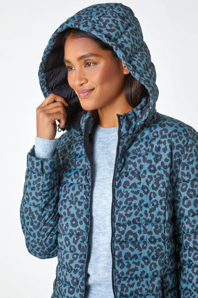 Teal Animal Print Lightweight Padded Coat Women Roman Coats