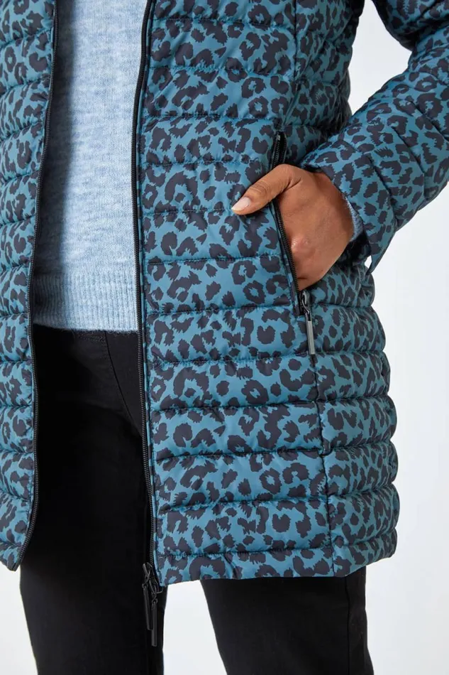 Teal Animal Print Lightweight Padded Coat Women Roman Coats