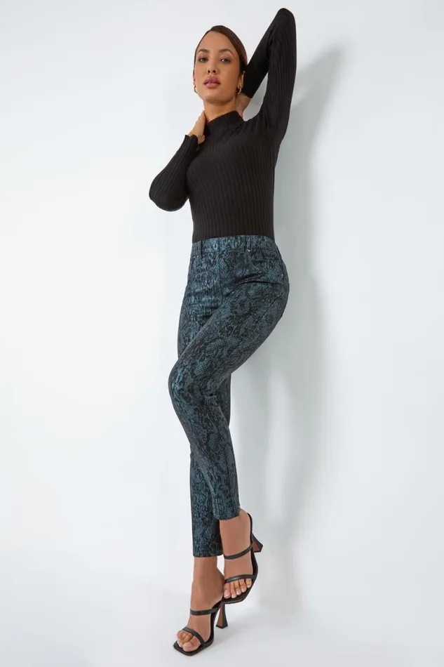 Teal Animal Print Stretch Jegging Women Roman Trousers