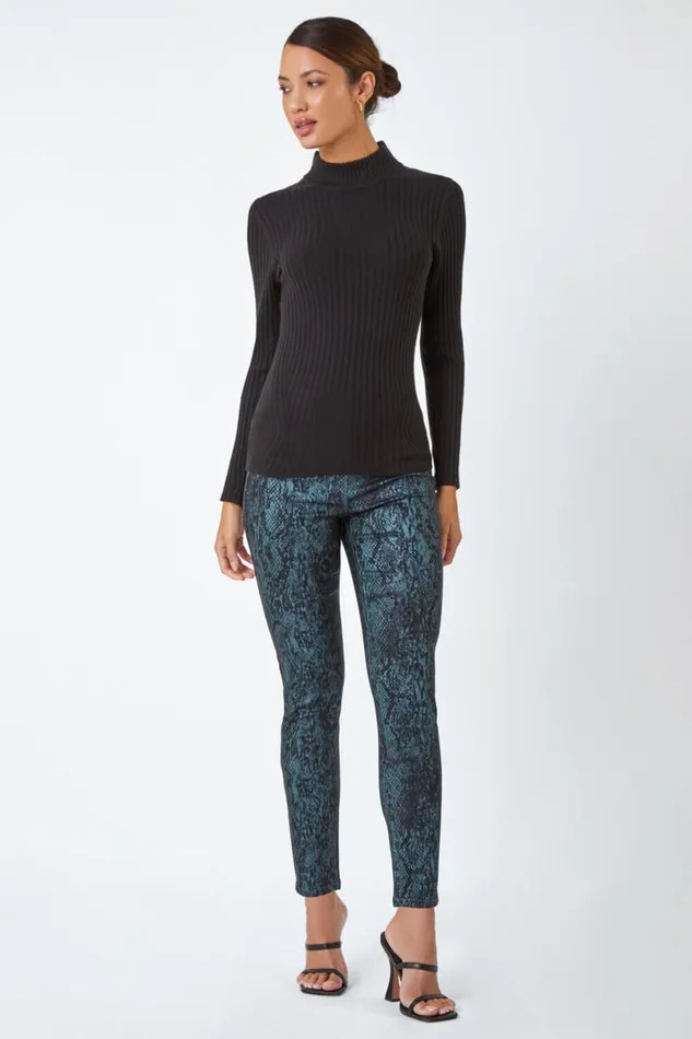 Teal Animal Print Stretch Jegging Women Roman Trousers