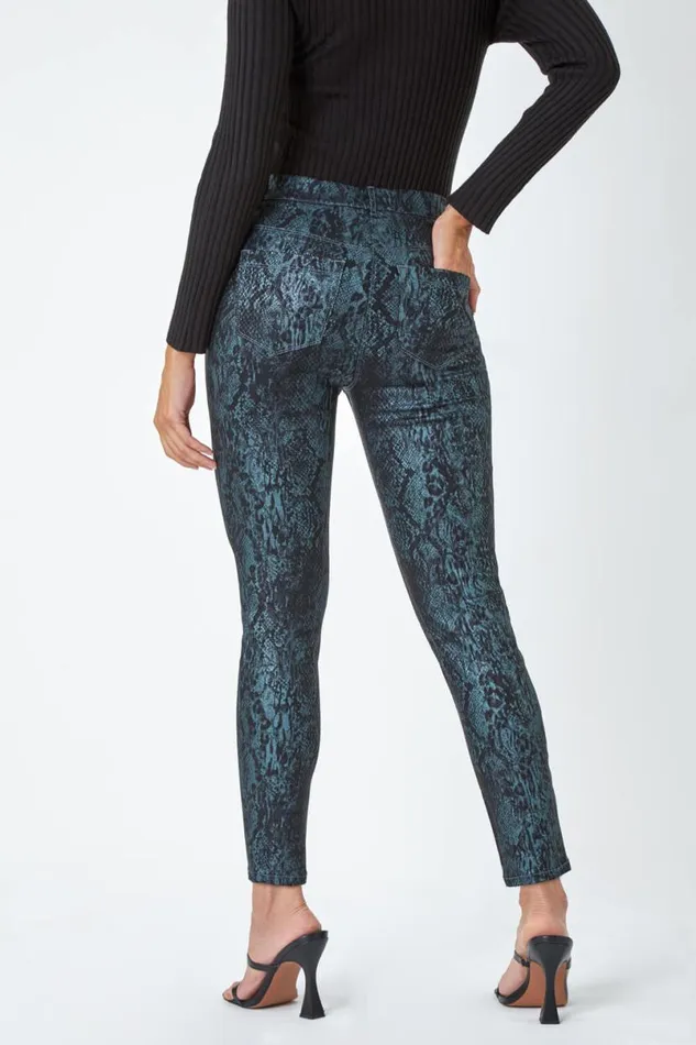 Teal Animal Print Stretch Jegging Women Roman Trousers