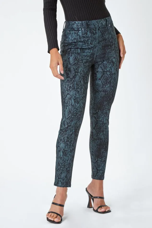 Teal Animal Print Stretch Jegging Women Roman Trousers