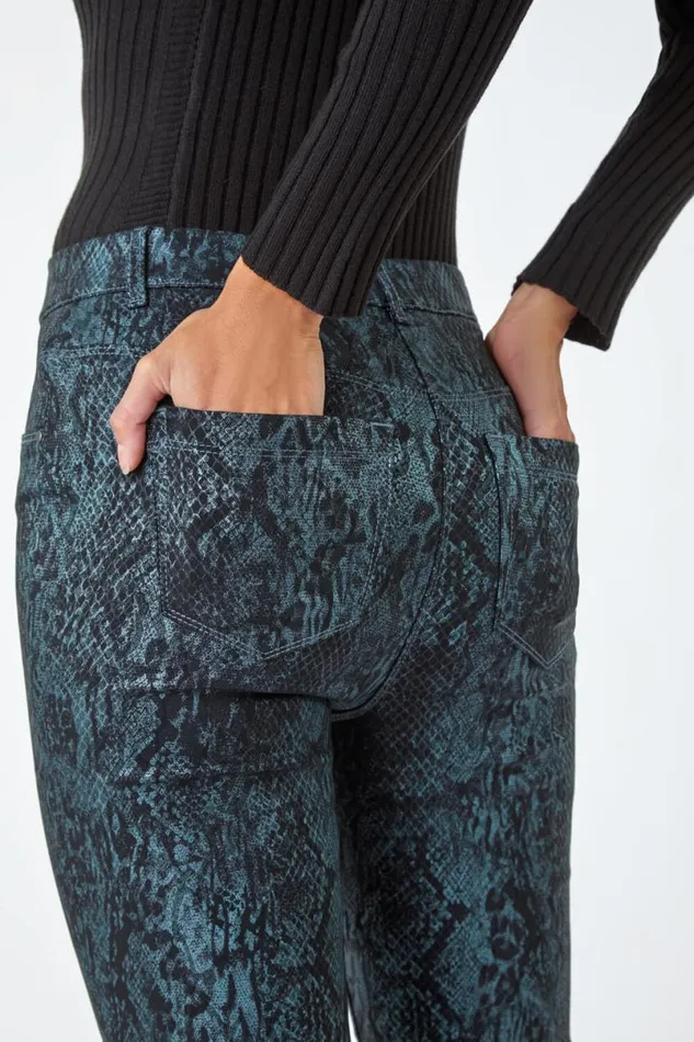 Teal Animal Print Stretch Jegging Women Roman Trousers