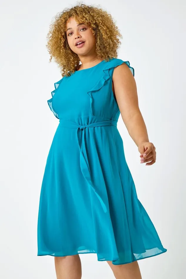 Teal Curve Belted Chiffon Frill Dress Women Roman Dresses