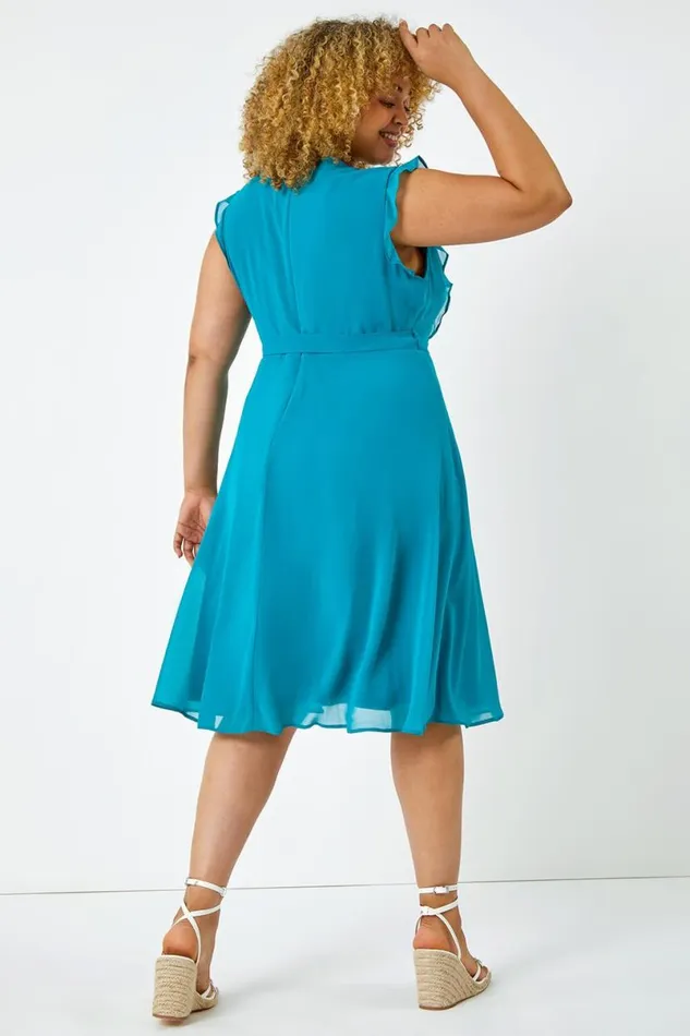 Teal Curve Belted Chiffon Frill Dress Women Roman Dresses