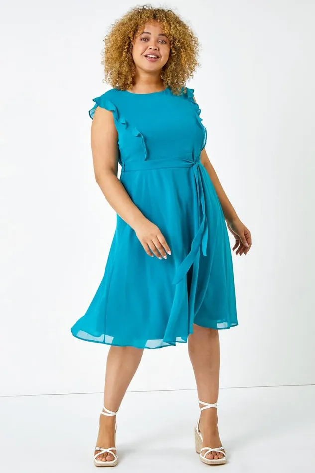 Teal Curve Belted Chiffon Frill Dress Women Roman Dresses