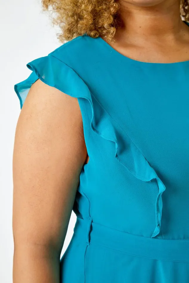 Teal Curve Belted Chiffon Frill Dress Women Roman Dresses