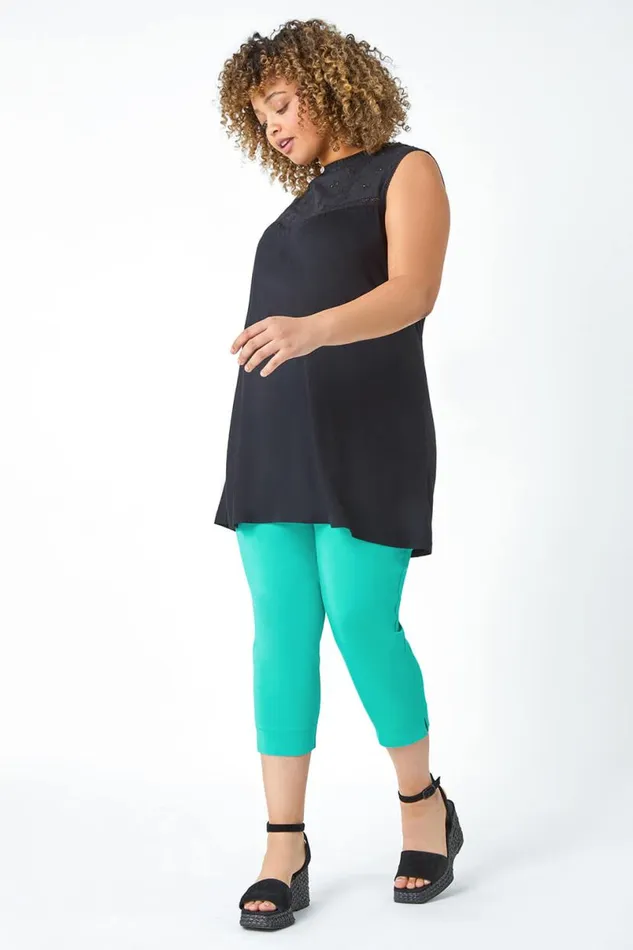 Teal Curve Elastic Waist Stretch Cropped Trouser Women Roman Trousers