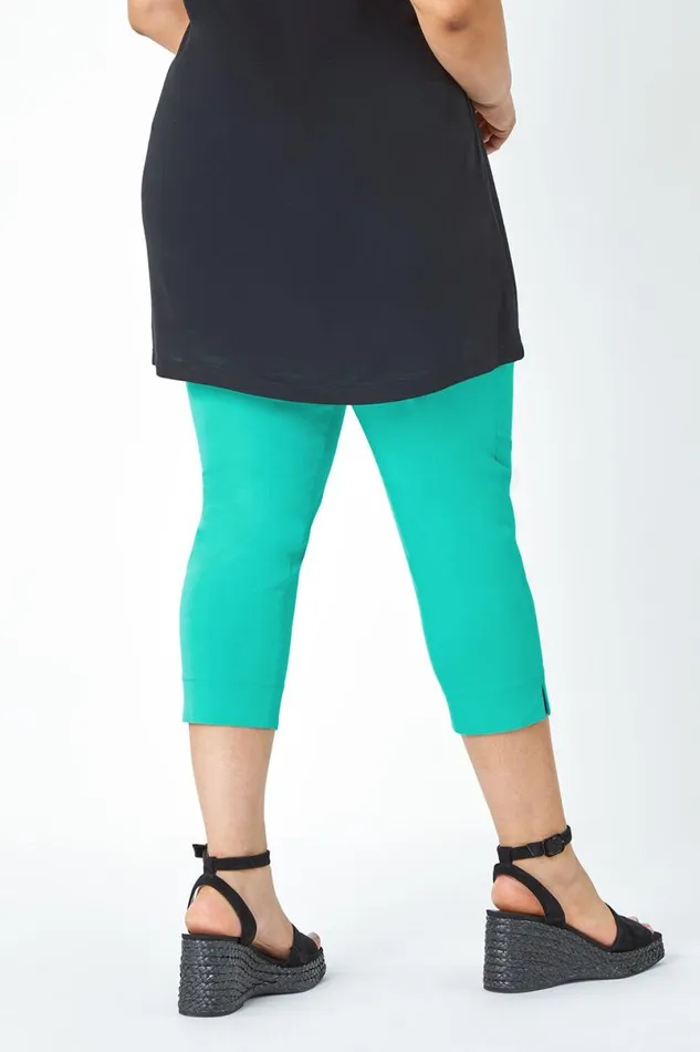 Teal Curve Elastic Waist Stretch Cropped Trouser Women Roman Trousers