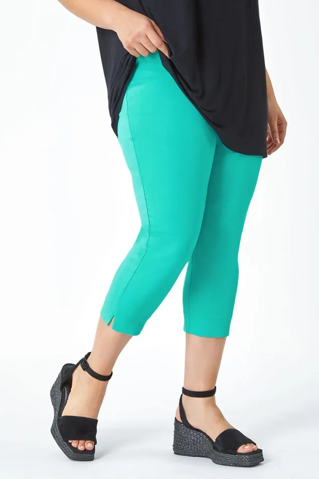 Teal Curve Elastic Waist Stretch Cropped Trouser Women Roman Trousers