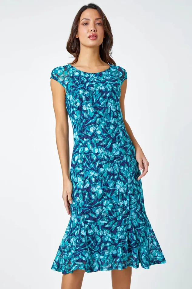 Teal Floral Print Lace Midi Stretch Dress Women Roman Dresses
