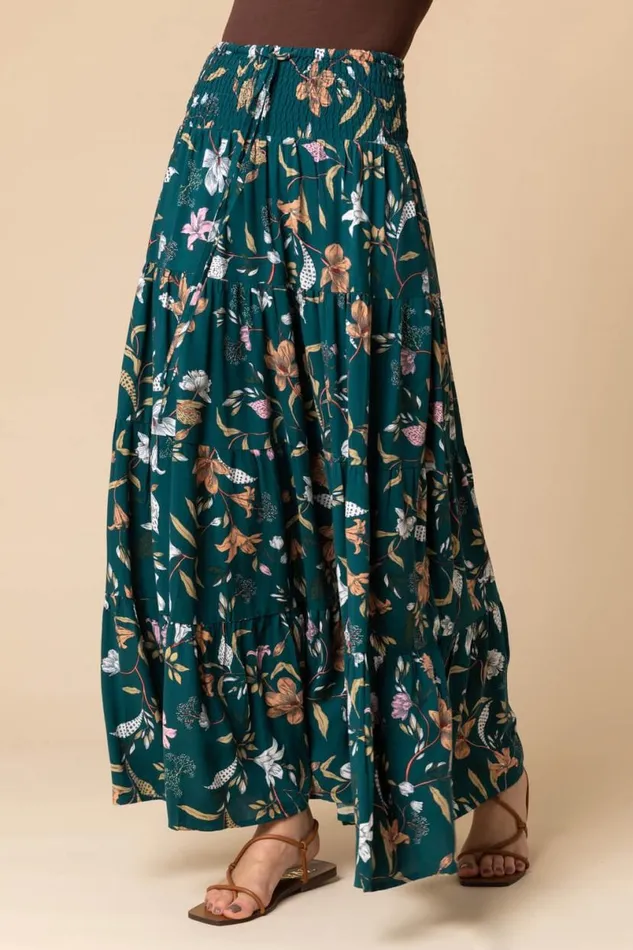 Teal Floral Shirred Elastic Waist Maxi Skirt Women Roman Occasionwear