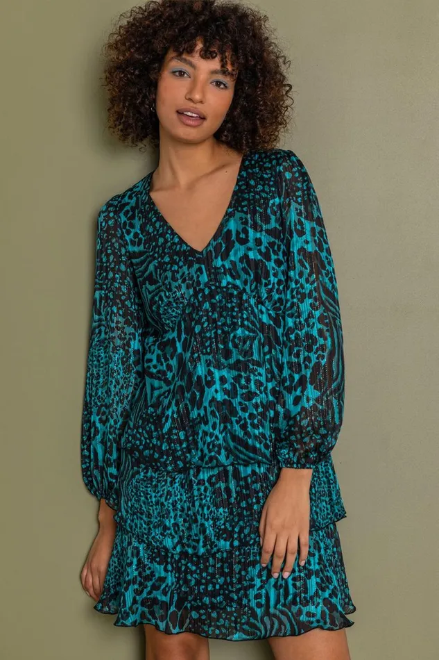 Teal Tiered Satin Animal Print Dress Women Roman Dresses