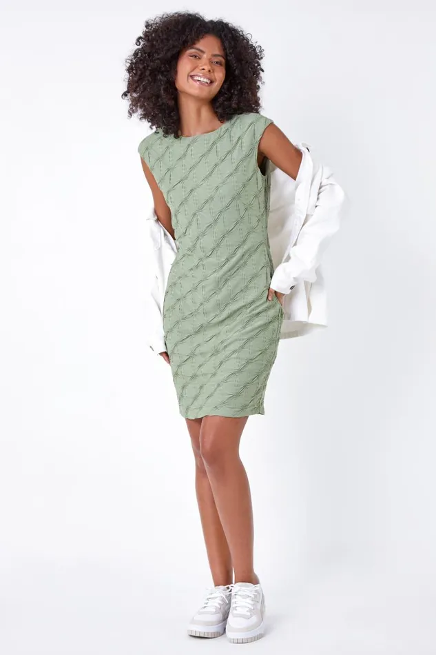 Textured Stretch Cap Sleeve Dress Women Roman Dresses