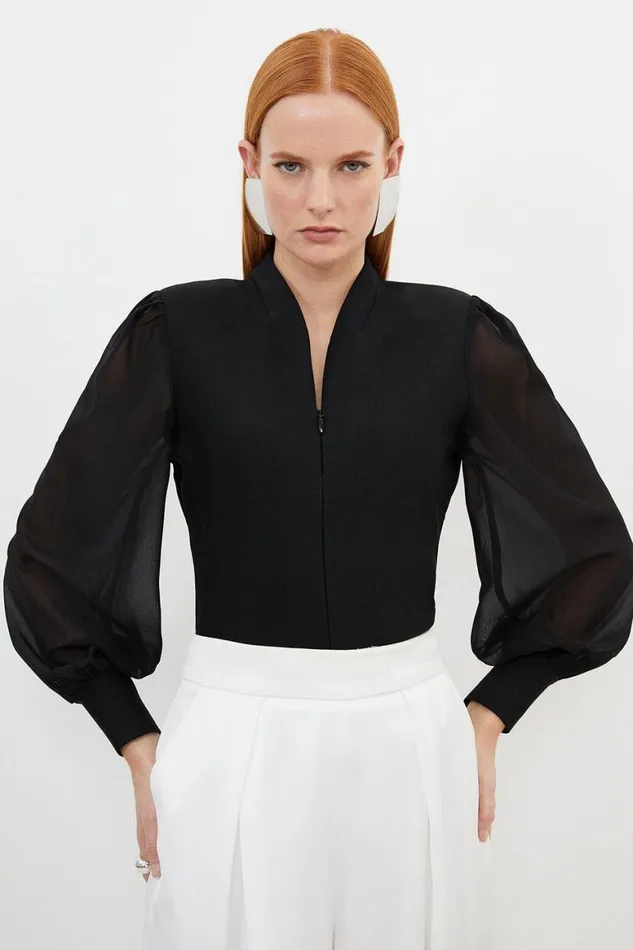 Tops Women Karen Millen Bandage Figure Form Zip Detail Chiffon Sleeve Knit Top Black Tops Women Karen Millen Bandage Figure Form Zip Detail Chiffon Sleeve Knit Top Black